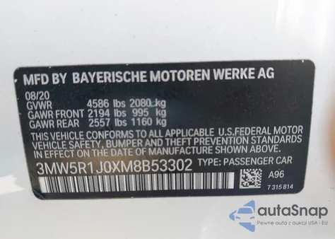 2021 BMW 330I z USA, uszkodzony, nr VIN 3MW5R1J0XM8B53302